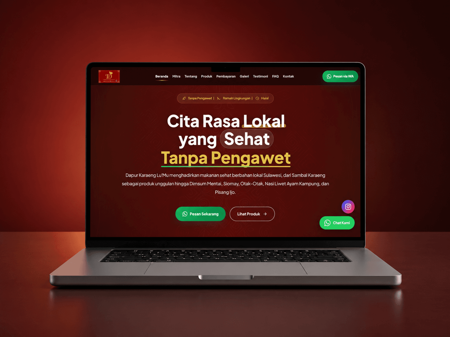 Tampilan website Dapur Karaeng Lu'Mu dengan produk makanan sehat Makassar